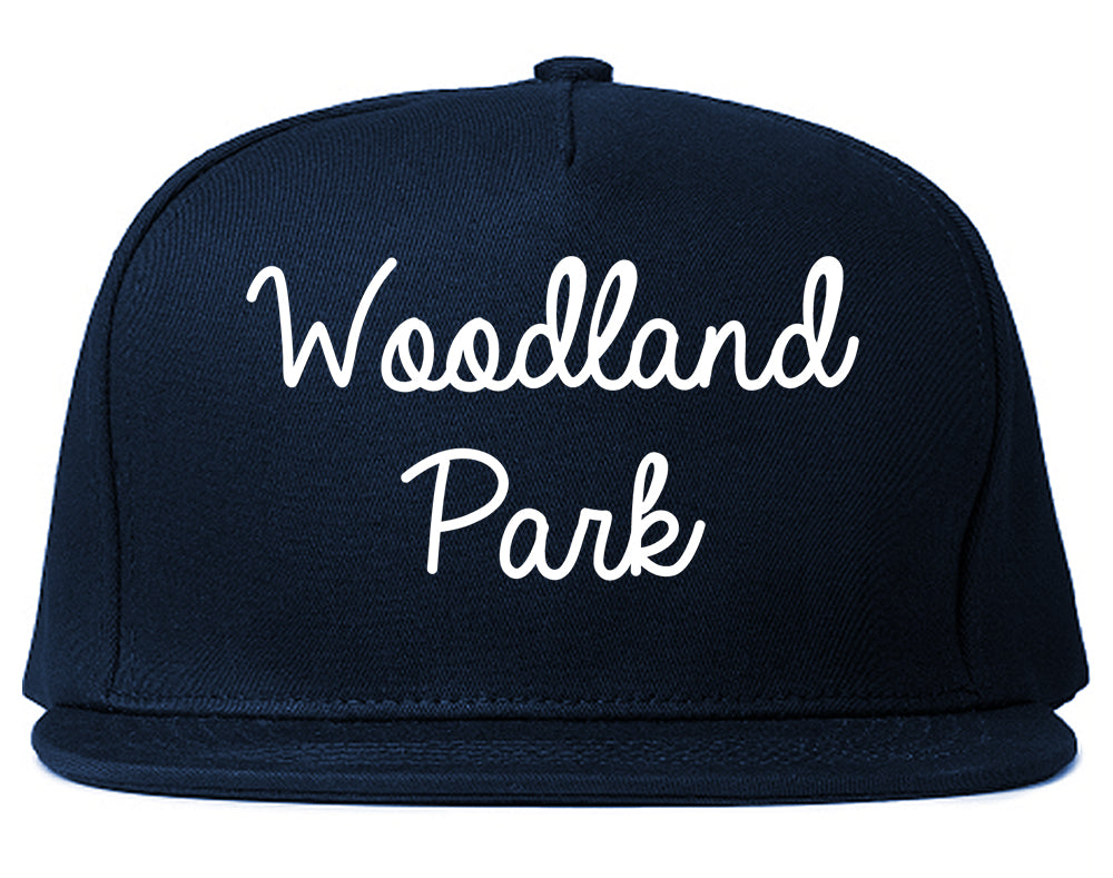 Woodland Park Colorado CO Script Mens Snapback Hat Navy Blue