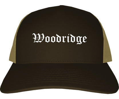 Woodridge Illinois IL Old English Mens Trucker Hat Cap Brown