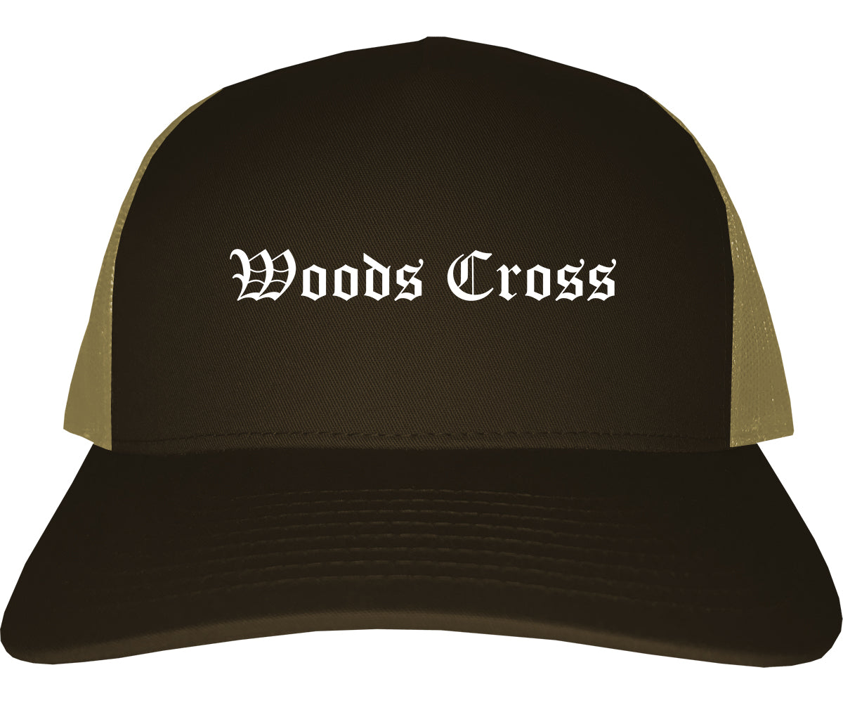 Woods Cross Utah UT Old English Mens Trucker Hat Cap Brown