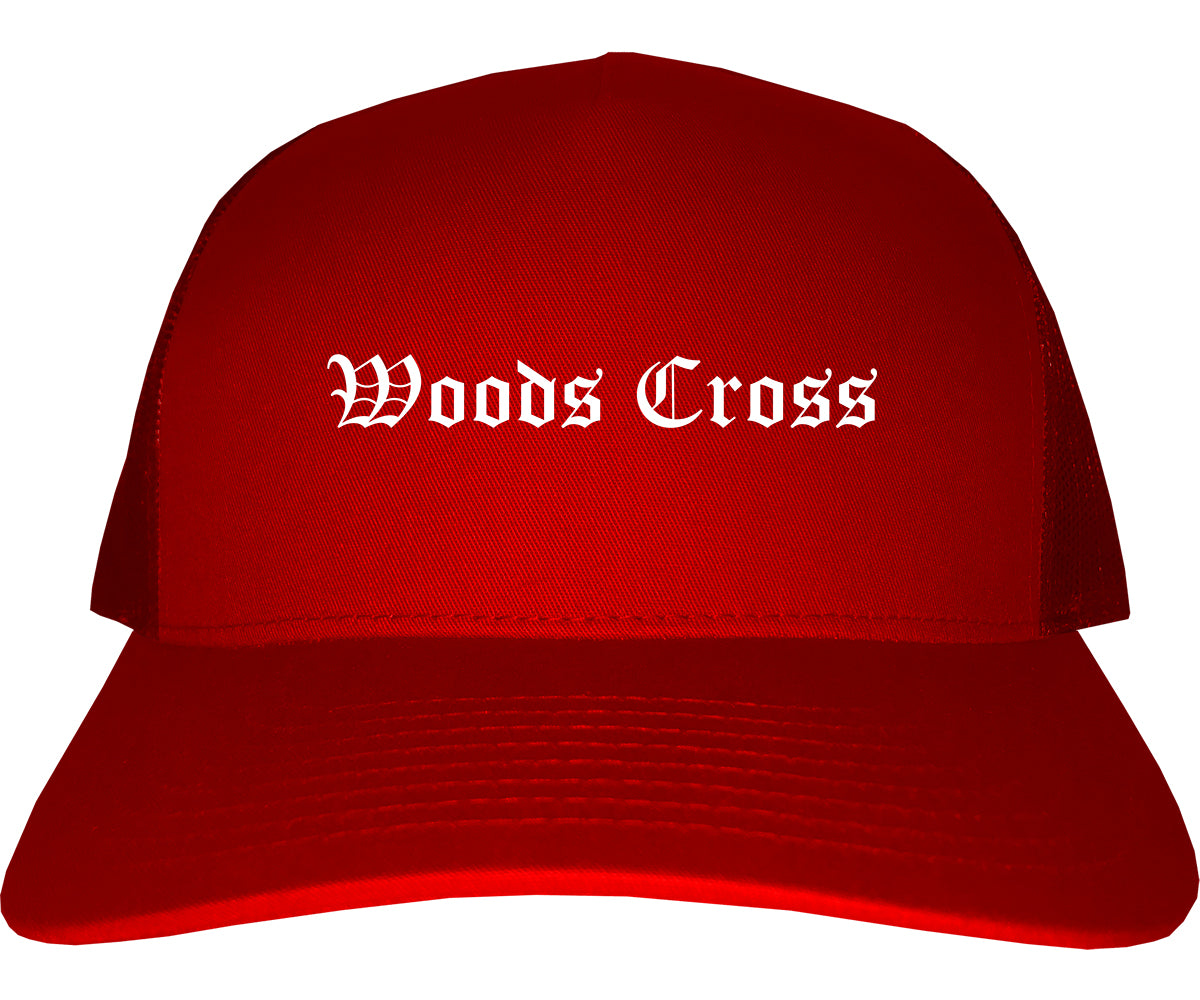 Woods Cross Utah UT Old English Mens Trucker Hat Cap Red