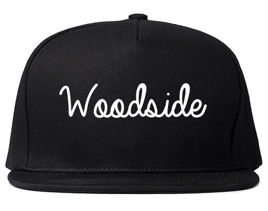 Woodside California CA Script Mens Snapback Hat Black