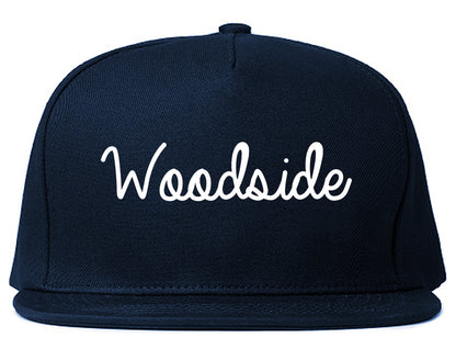 Woodside California CA Script Mens Snapback Hat Navy Blue