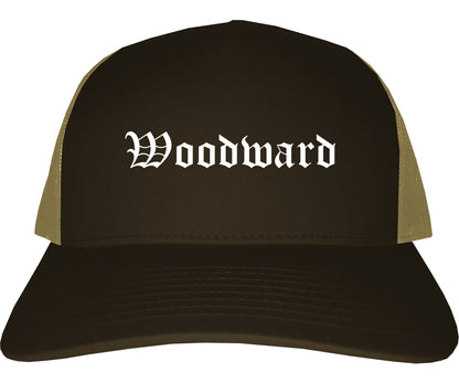 Woodward Oklahoma OK Old English Mens Trucker Hat Cap Brown
