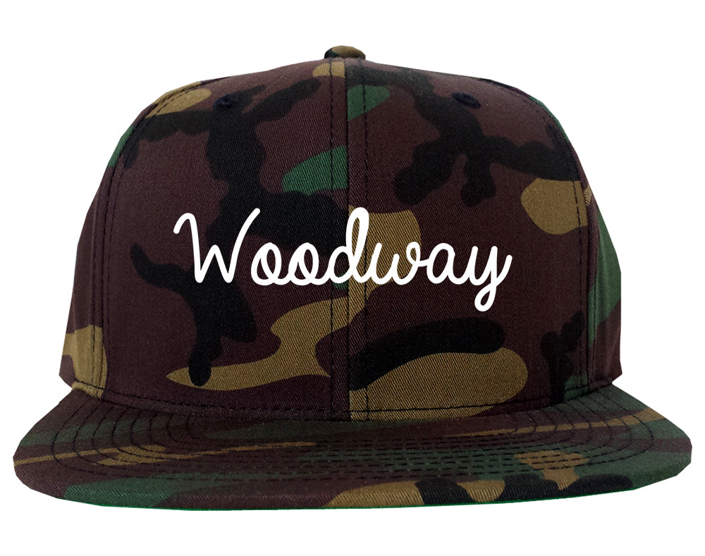 Woodway Texas TX Script Mens Snapback Hat Army Camo