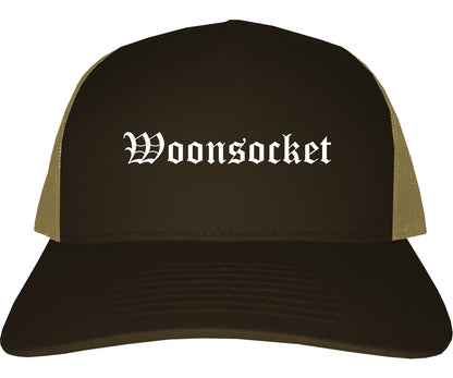 Woonsocket Rhode Island RI Old English Mens Trucker Hat Cap Brown
