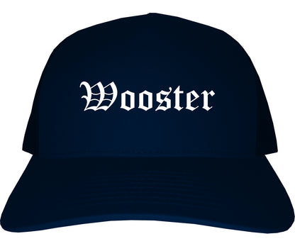 Wooster Ohio OH Old English Mens Trucker Hat Cap Navy Blue