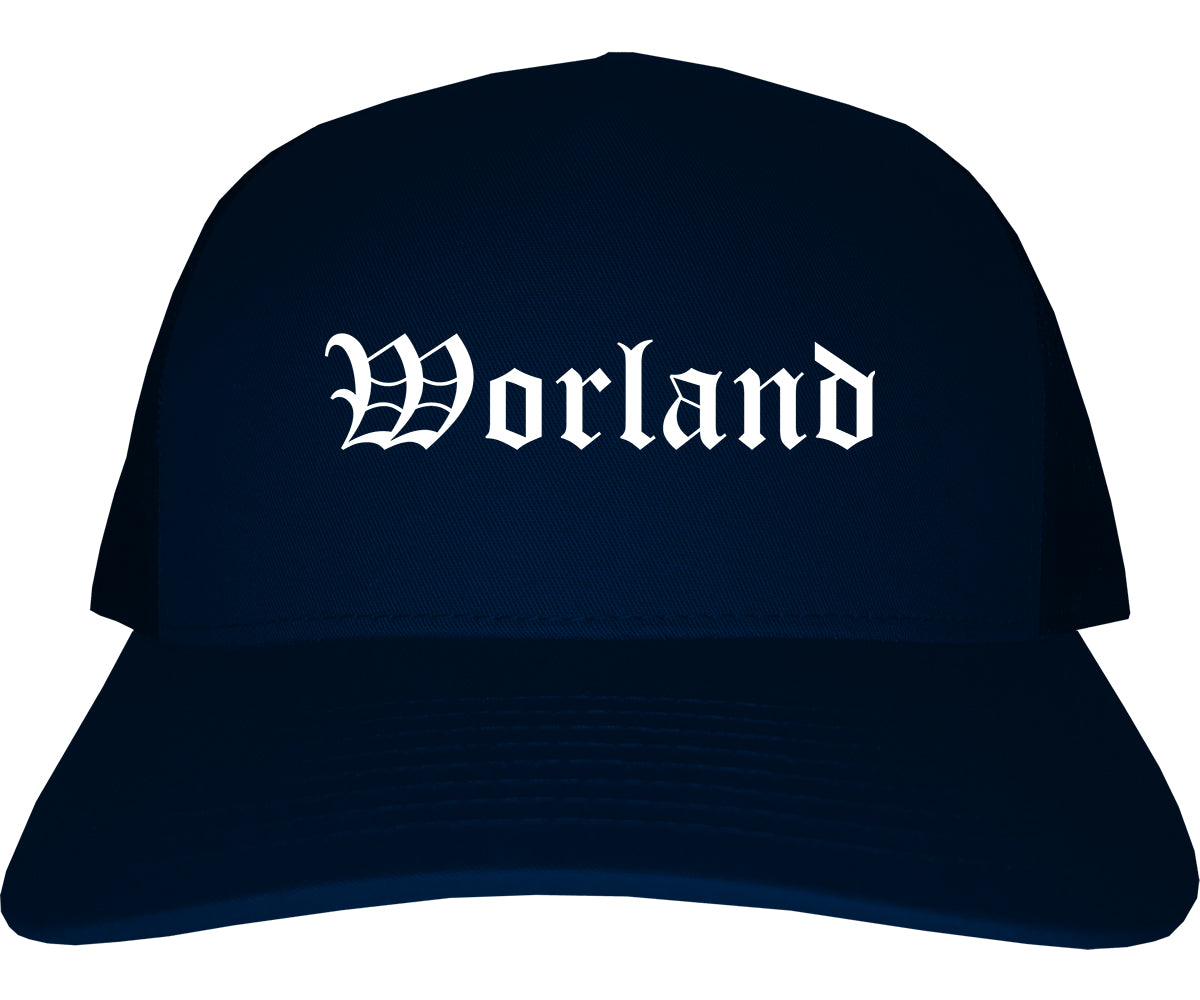 Worland Wyoming WY Old English Mens Trucker Hat Cap Navy Blue