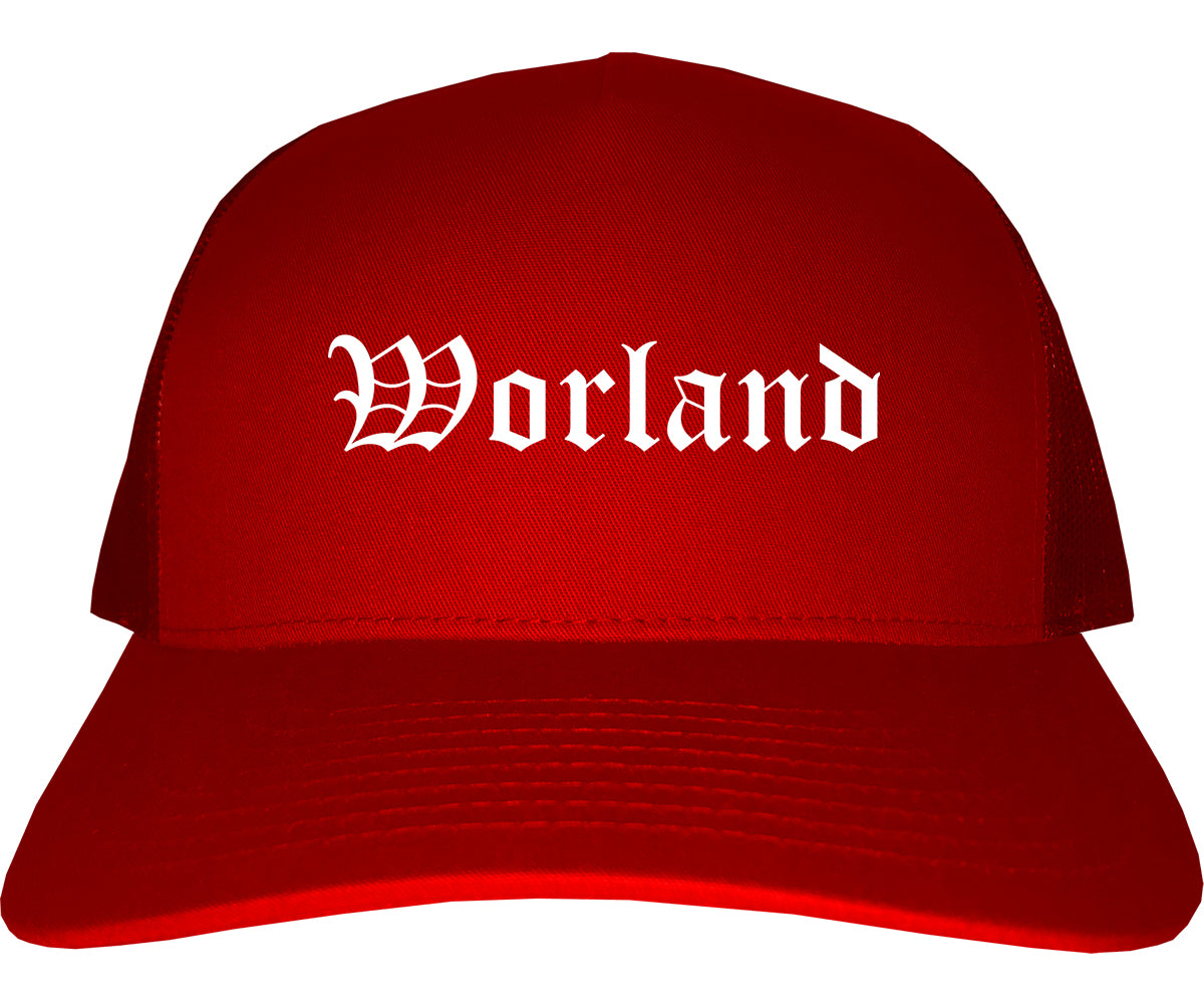 Worland Wyoming WY Old English Mens Trucker Hat Cap Red