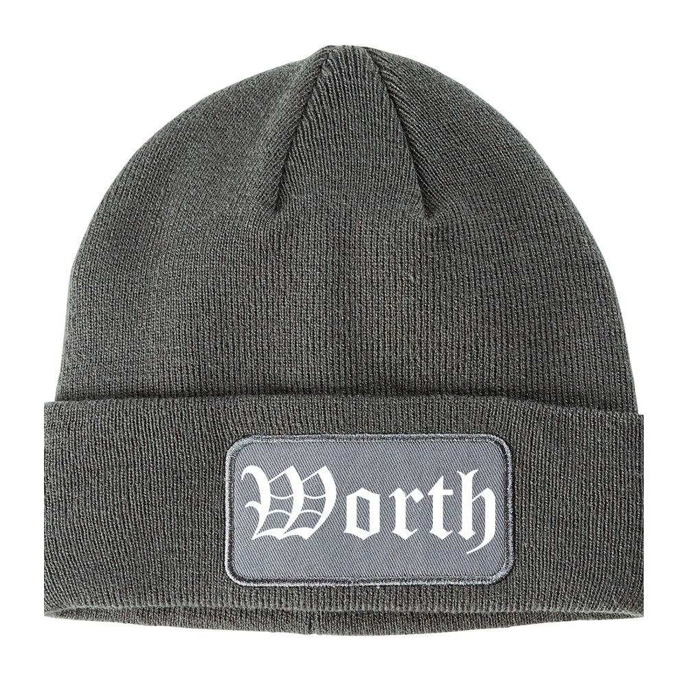 Worth Illinois IL Old English Mens Knit Beanie Hat Cap Grey