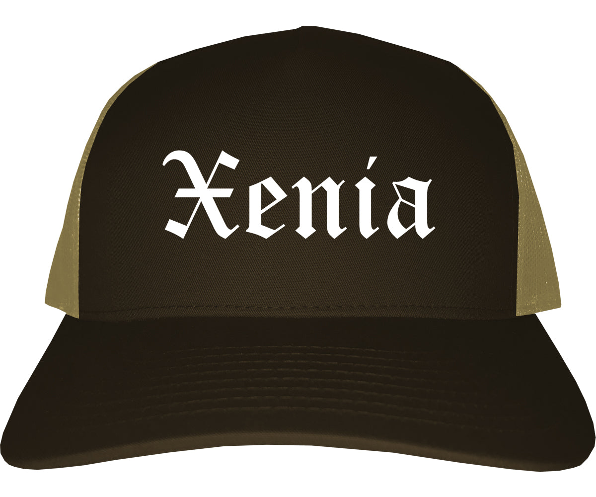 Xenia Ohio OH Old English Mens Trucker Hat Cap Brown