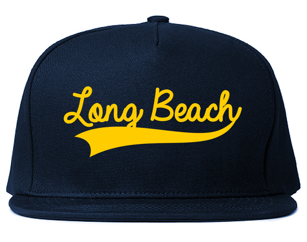 YELLOW Long Beach Varsity Logo Mens Snapback Hat Navy Blue