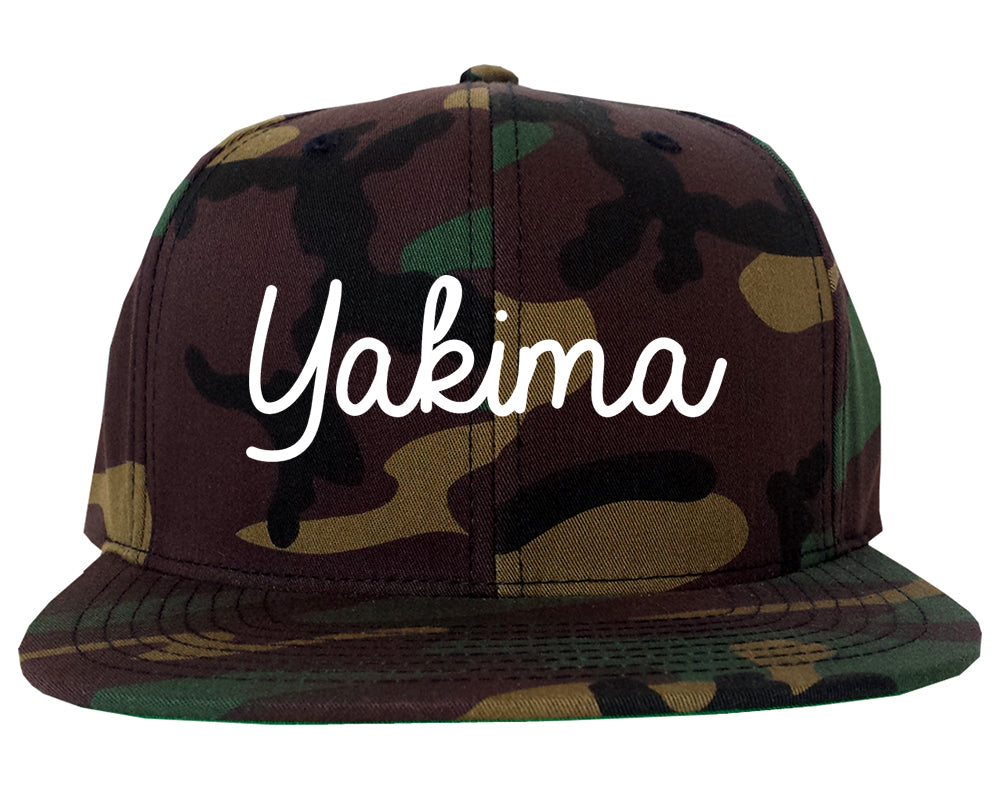 Yakima Washington WA Script Mens Snapback Hat Army Camo