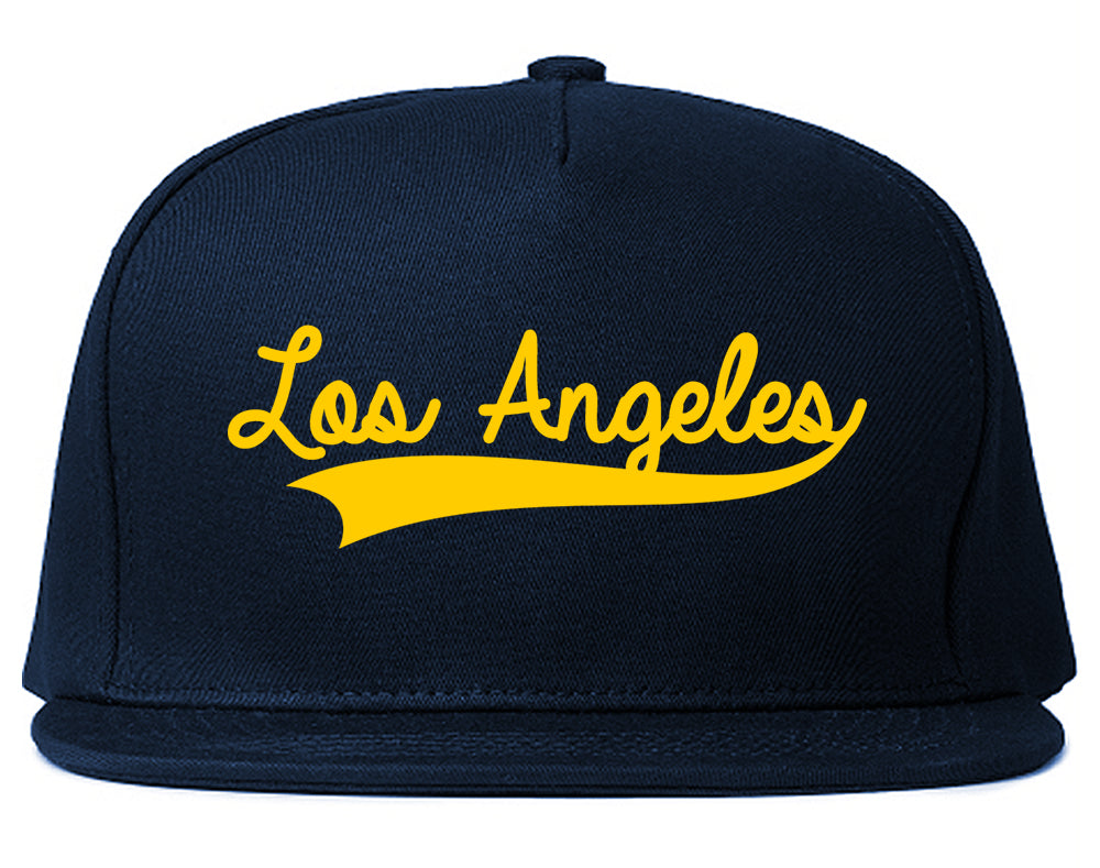 Yellow Los Angeles California Varsity Logo Mens Snapback Hat Navy Blue