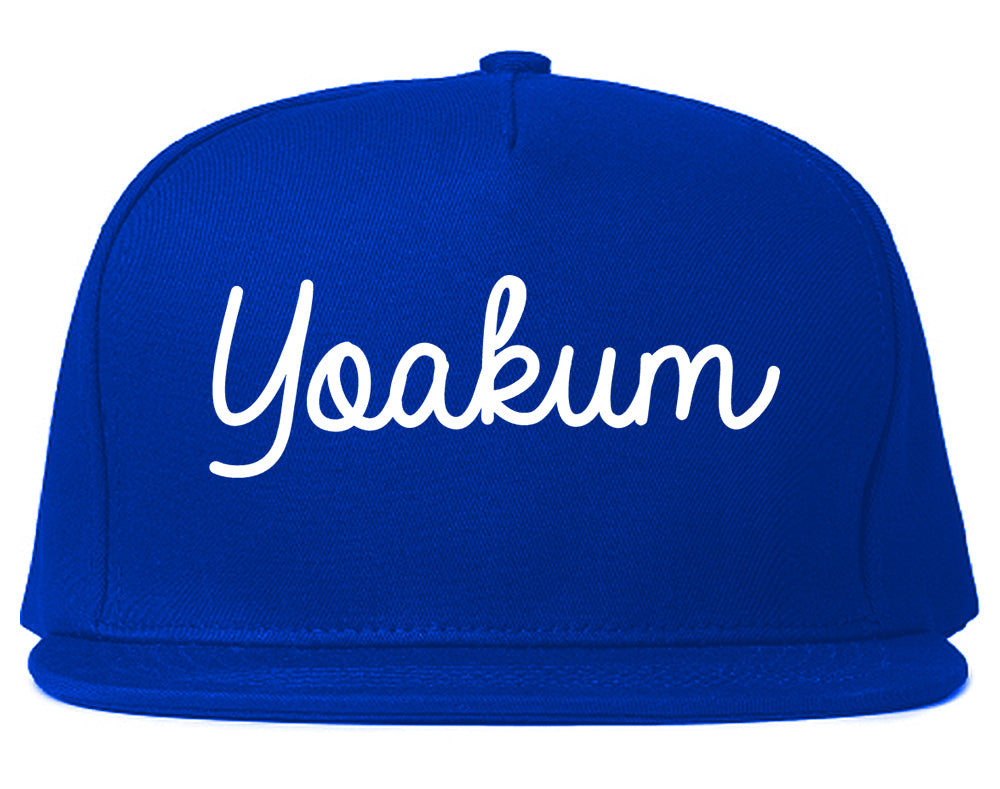 Yoakum Texas TX Script Mens Snapback Hat Royal Blue