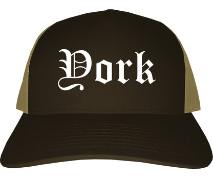 York Nebraska NE Old English Mens Trucker Hat Cap Brown