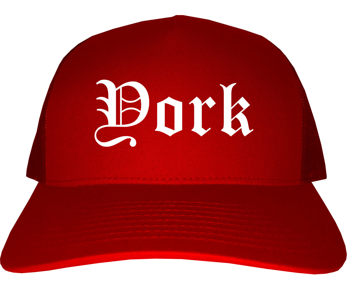 York Nebraska NE Old English Mens Trucker Hat Cap Red