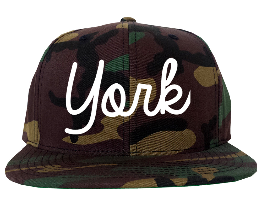 York Nebraska NE Script Mens Snapback Hat Army Camo