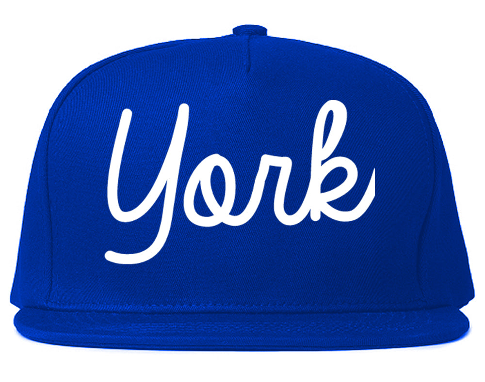 York Nebraska NE Script Mens Snapback Hat Royal Blue