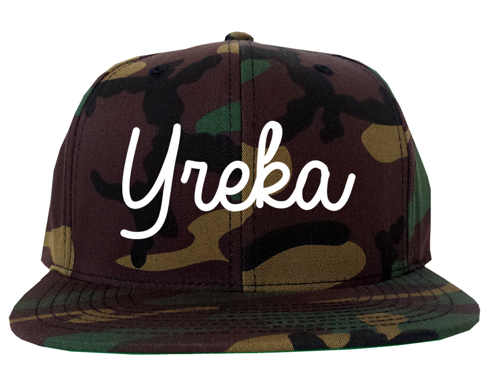 Yreka California CA Script Mens Snapback Hat Army Camo