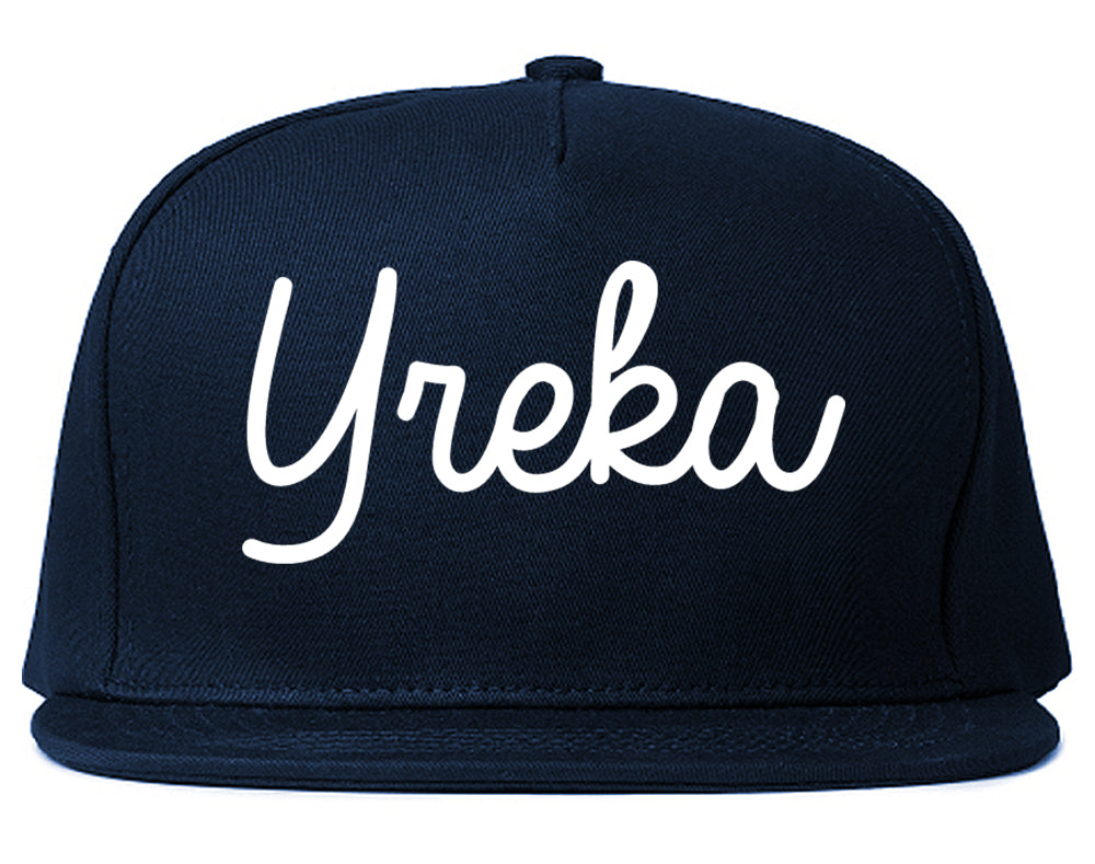 Yreka California CA Script Mens Snapback Hat Navy Blue