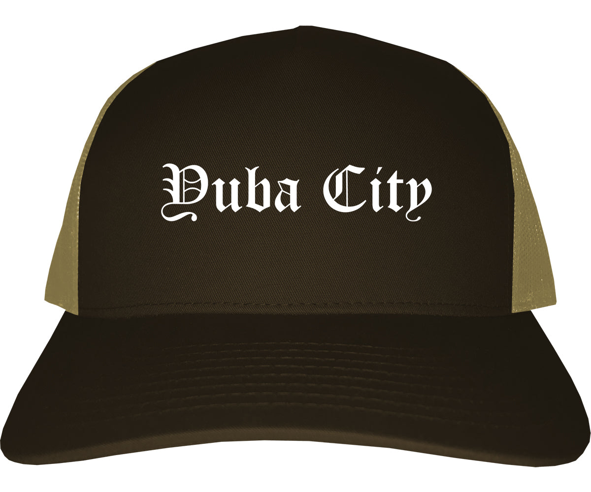 Yuba City California CA Old English Mens Trucker Hat Cap Brown