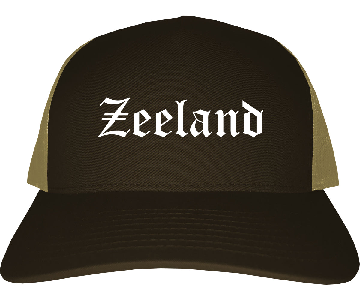 Zeeland Michigan MI Old English Mens Trucker Hat Cap Brown