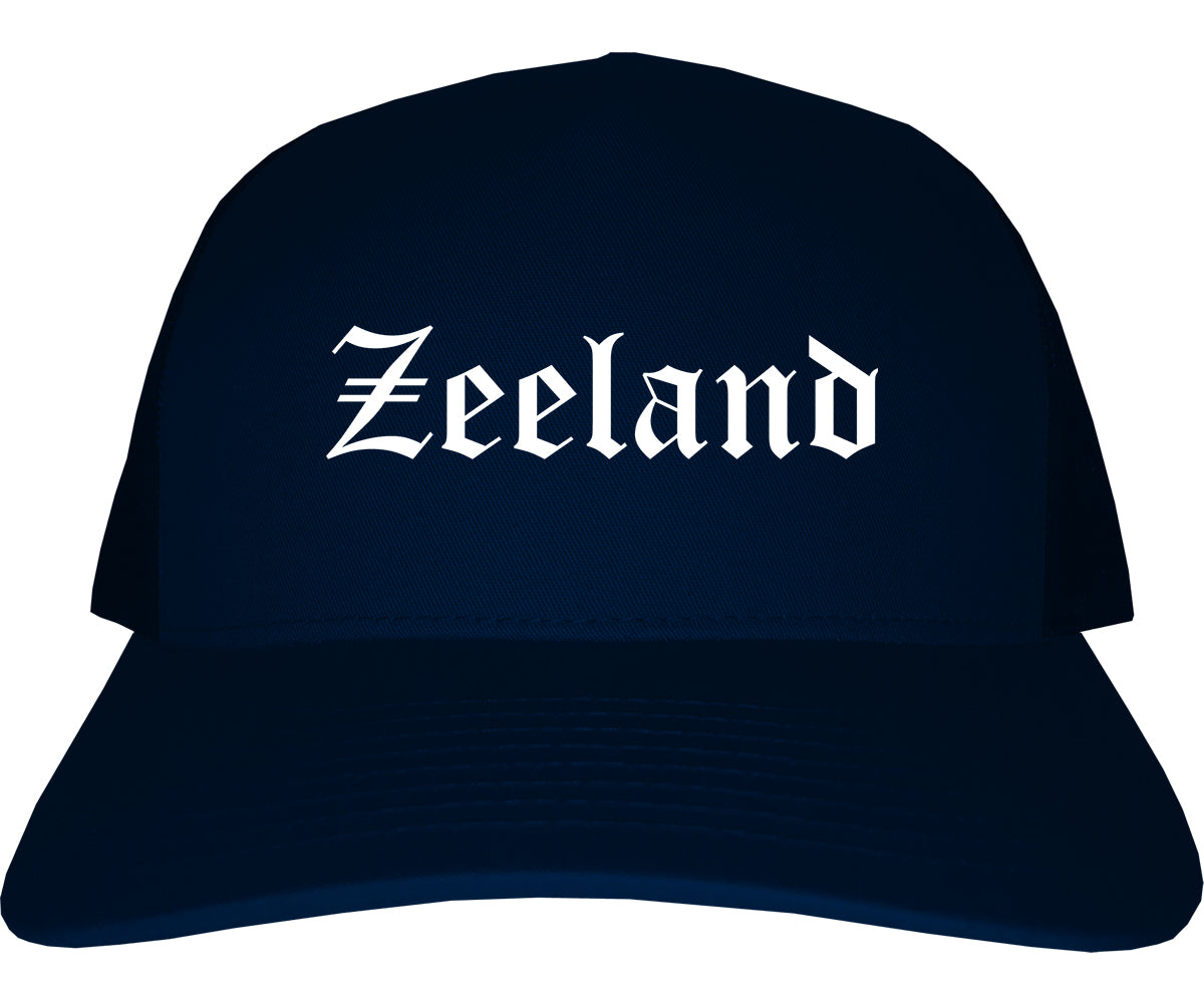 Zeeland Michigan MI Old English Mens Trucker Hat Cap Navy Blue