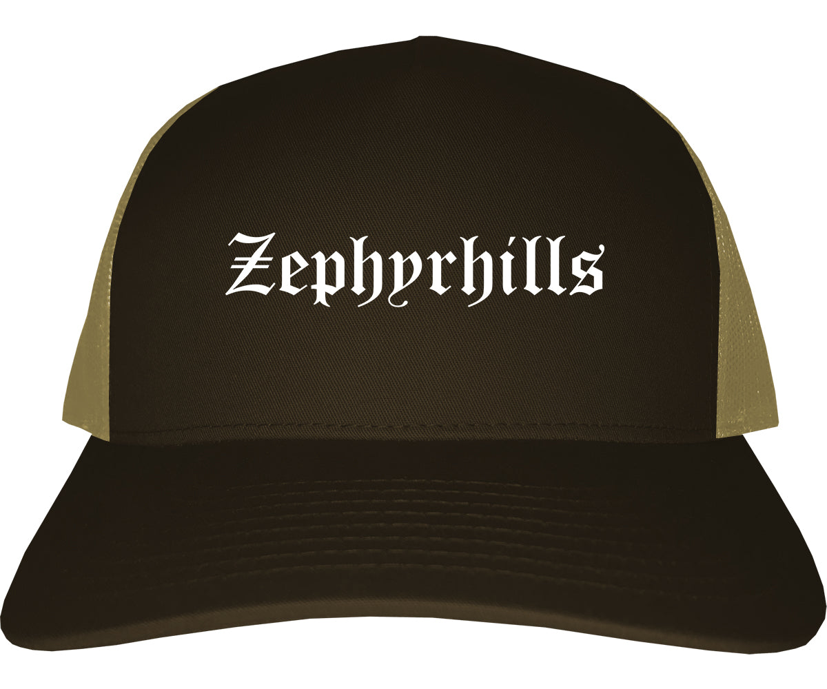 Zephyrhills Florida FL Old English Mens Trucker Hat Cap Brown