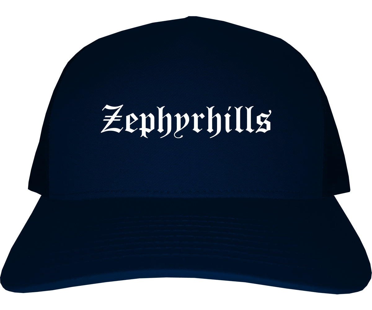 Zephyrhills Florida FL Old English Mens Trucker Hat Cap Navy Blue