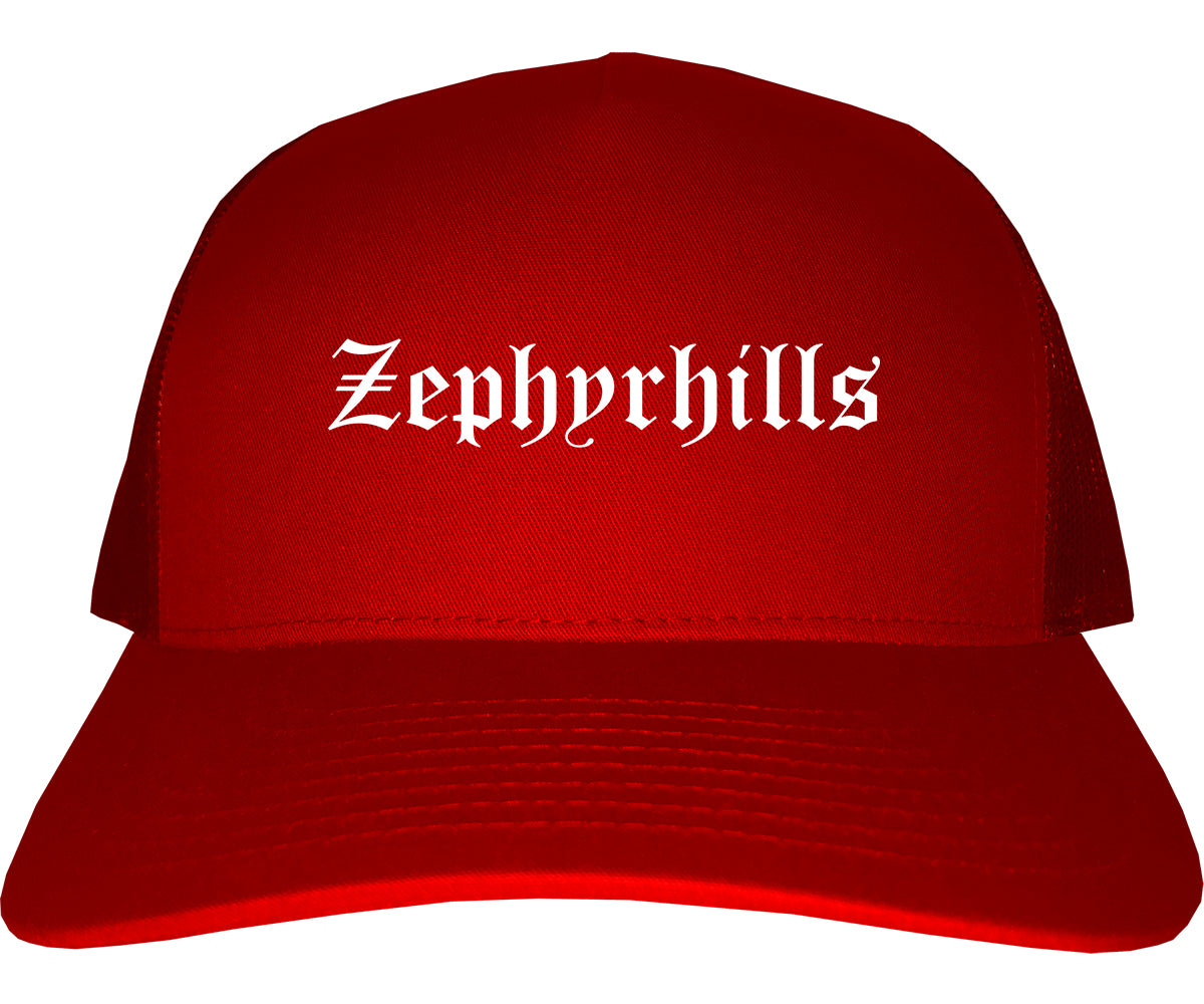 Zephyrhills Florida FL Old English Mens Trucker Hat Cap Red