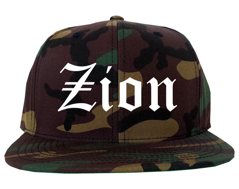 Zion Illinois IL Old English Mens Snapback Hat Army Camo