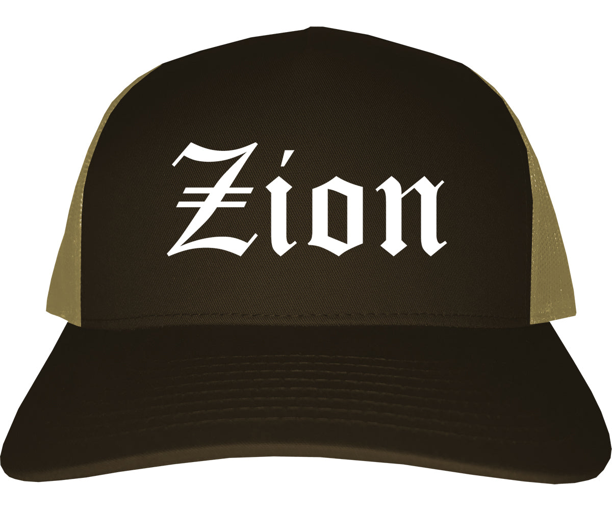 Zion Illinois IL Old English Mens Trucker Hat Cap Brown