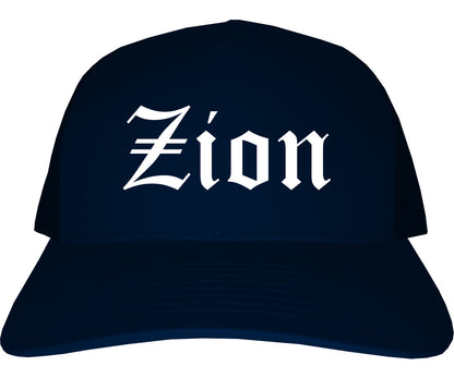 Zion Illinois IL Old English Mens Trucker Hat Cap Navy Blue