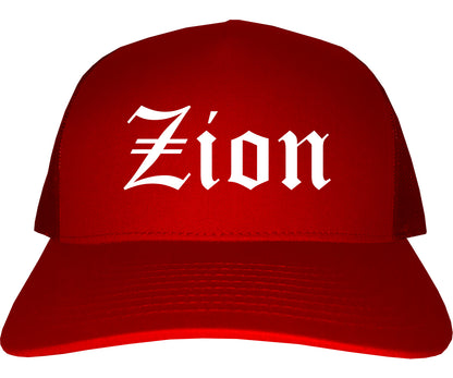 Zion Illinois IL Old English Mens Trucker Hat Cap Red